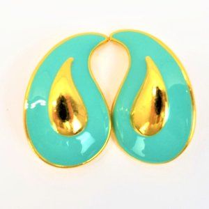 YSL GOLD TONE BLUE SWOOSH MODERNIST CLIP EARRINGS